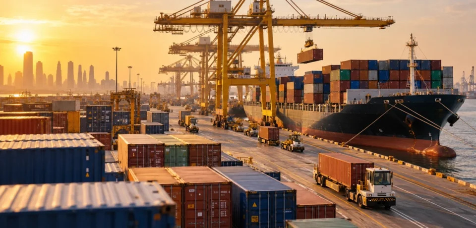 Global freight forwarder managing container shipping and cargo operations at a busy port