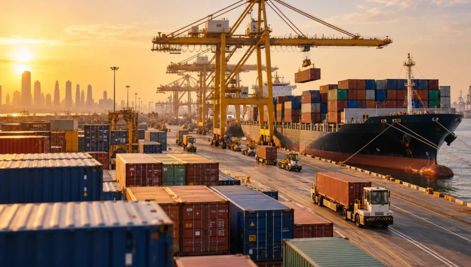 Global freight forwarder managing container shipping and cargo operations at a busy port