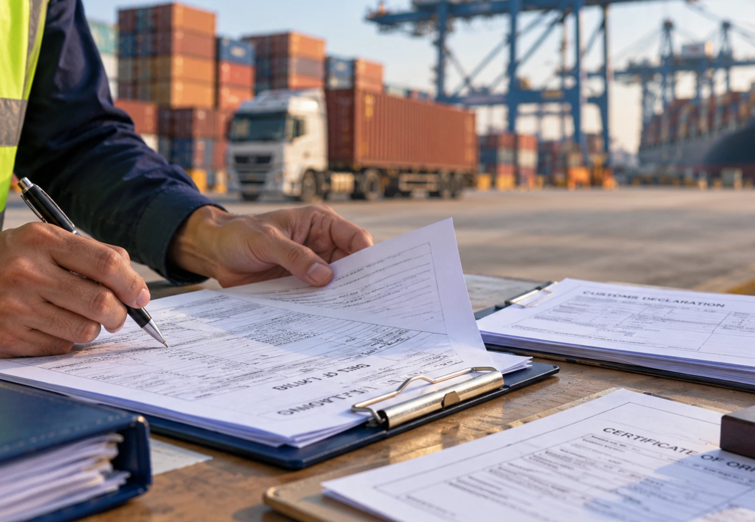 Global freight forwarder reviewing shipping documents and customs paperwork at a container port
