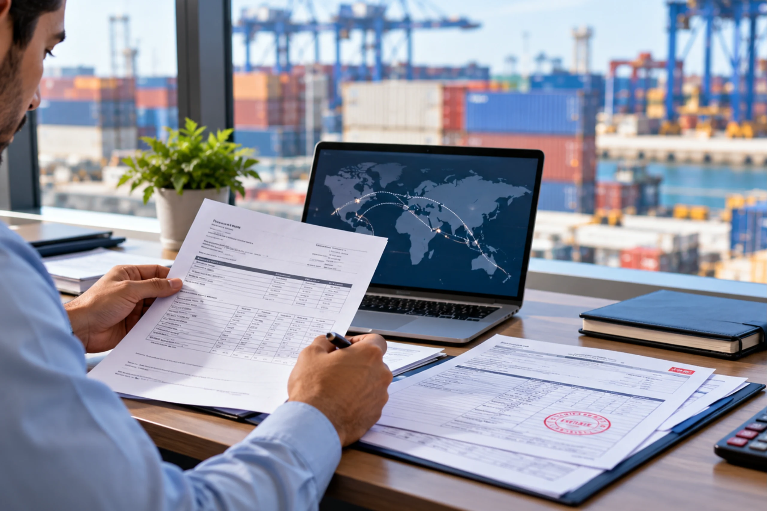 International freight forwarder preparing heavy machinery in a secure wooden export crate