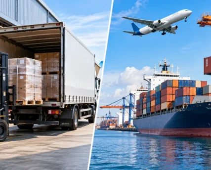 International freight forwarder reviewing shipping documents and customs paperwork at a logistics office