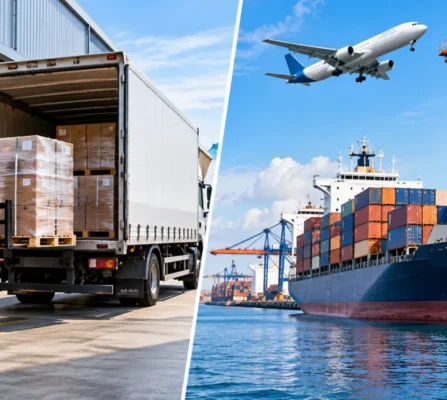 international-freight-forwarder-shipping-documents International freight forwarder reviewing shipping documents and customs paperwork at a logistics office