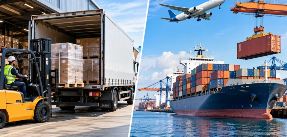 International freight forwarder reviewing shipping documents and customs paperwork at a logistics office