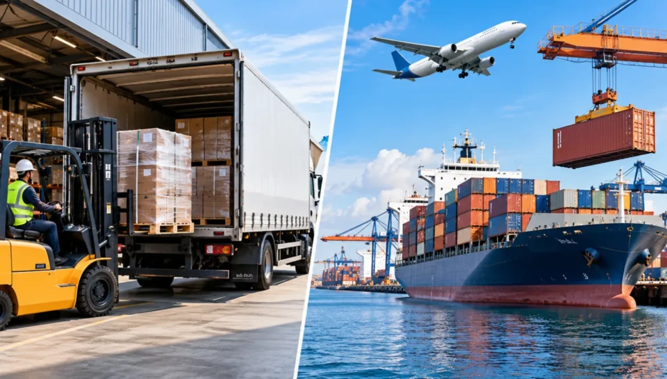 International freight forwarder reviewing shipping documents and customs paperwork at a logistics office