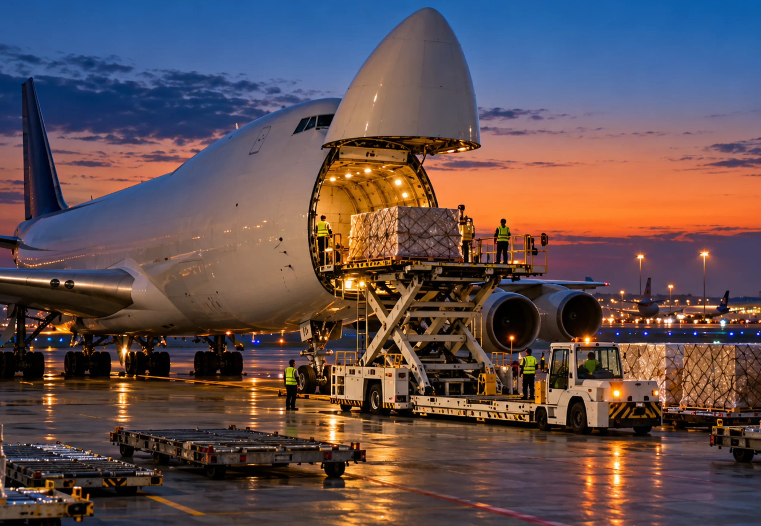 Cargo aircraft being loaded at dusk, showing the air side of international sea & air shipping