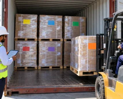 Forklift loading palletised cargo from different shippers into one shared LCL container