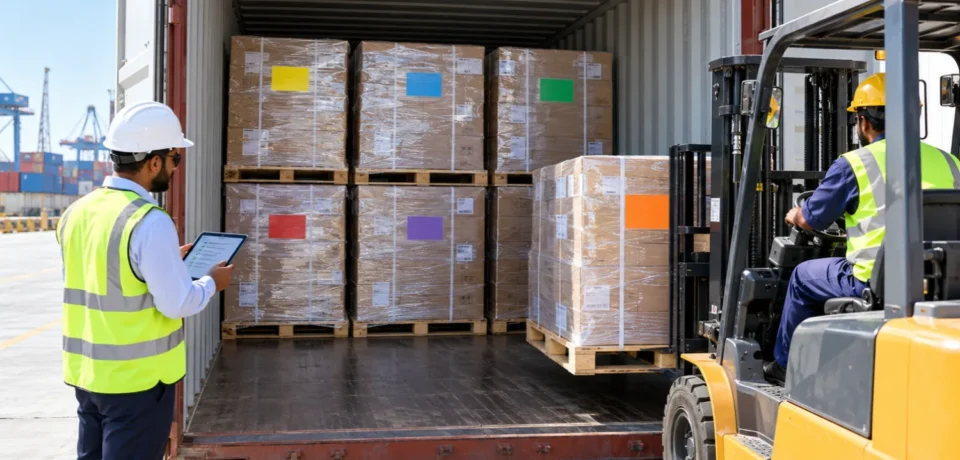 Forklift loading palletised cargo from different shippers into one shared LCL container