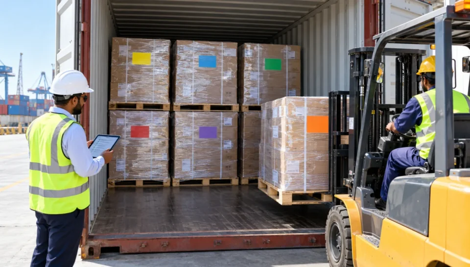 Forklift loading palletised cargo from different shippers into one shared LCL container