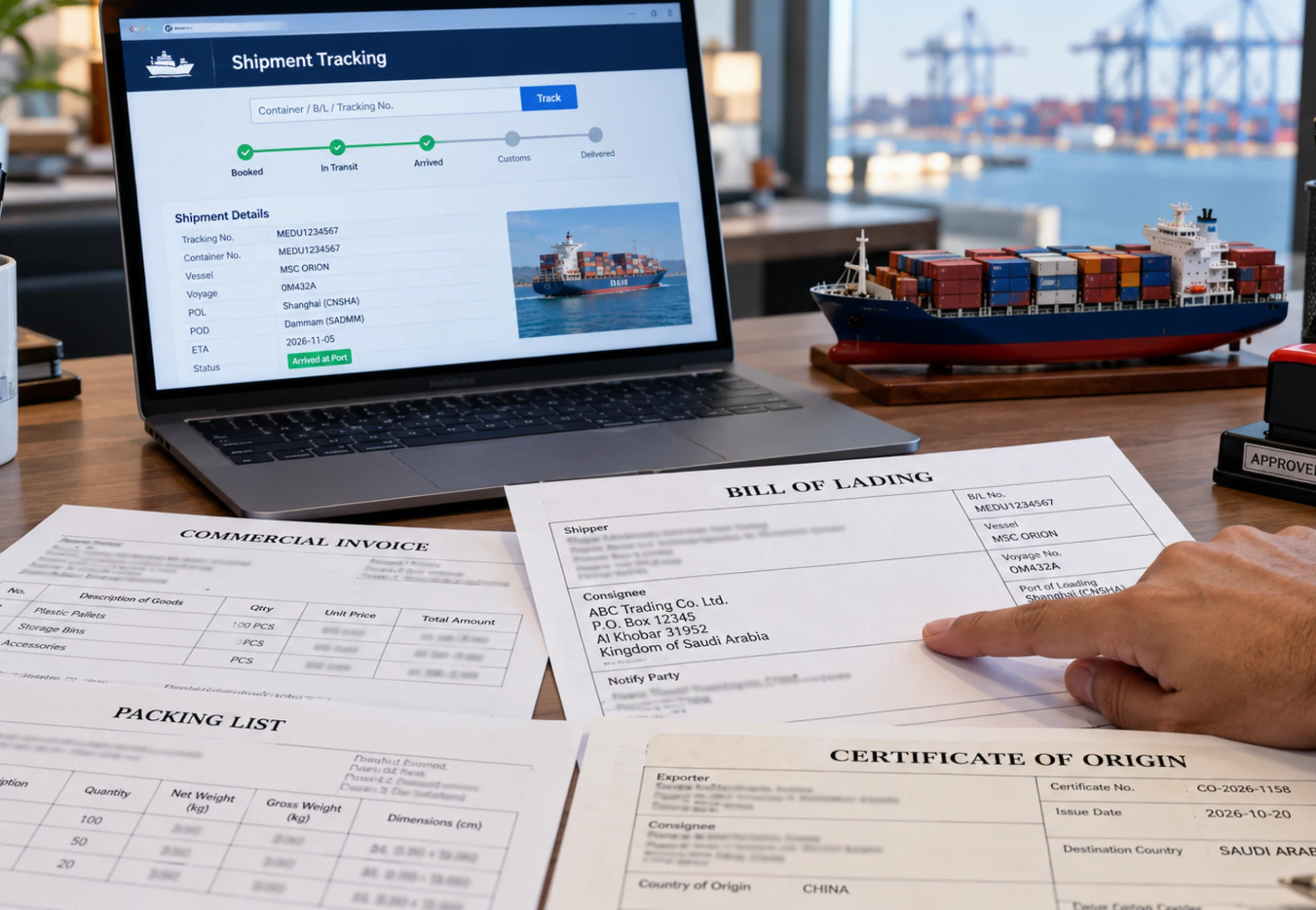Freight forwarder checking bill of lading and customs documents beside a shipment tracking screen