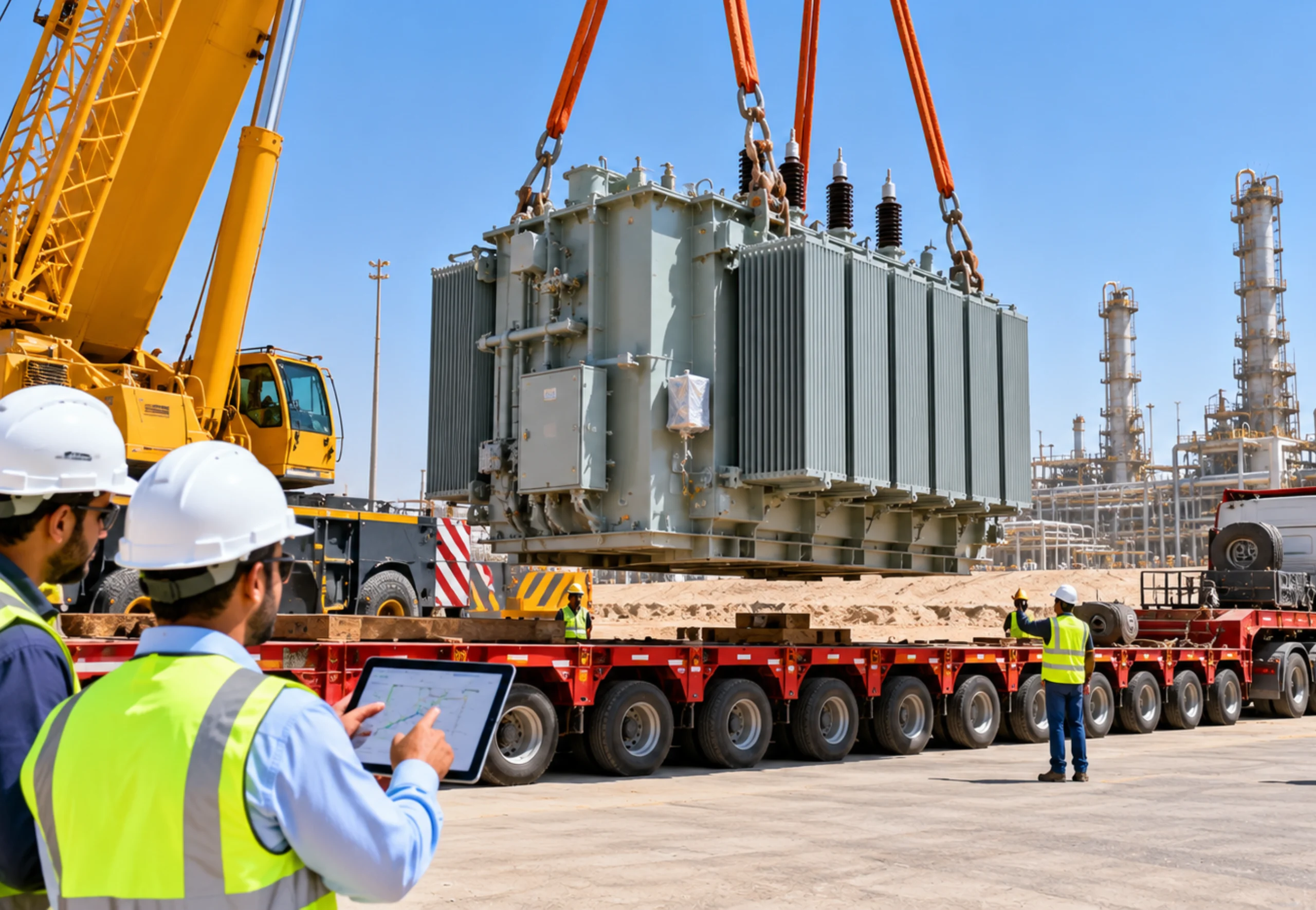 Crane lifting an oversized transformer onto a low-bed trailer during a project cargo move