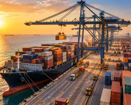 Container port with cargo vessel and cranes, part of international sea & air shipping from the UAE