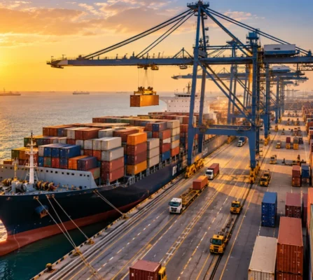 Container port with cargo vessel and cranes, part of international sea & air shipping from the UAE