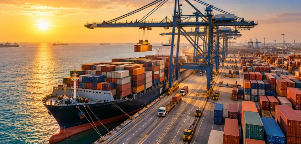Container port with cargo vessel and cranes, part of international sea & air shipping from the UAE