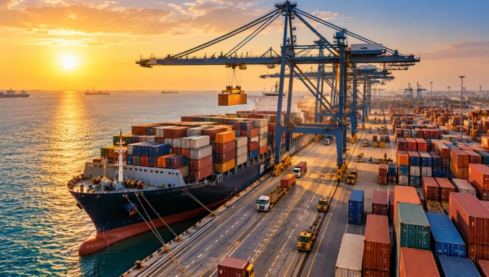 sea-freight-container-port-uae Container port with cargo vessel and cranes, part of international sea & air shipping from the UAE
