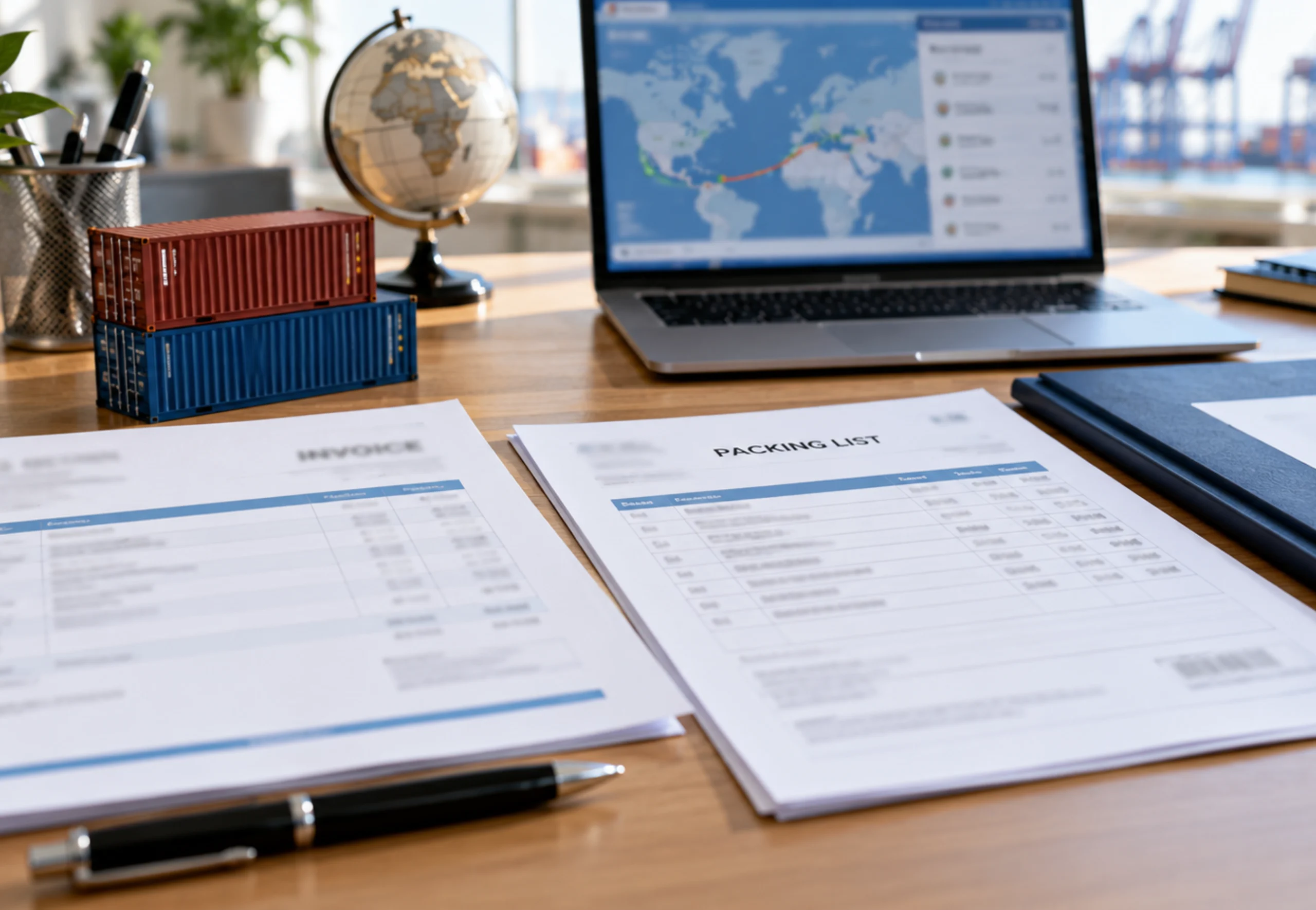 Invoice, packing list and tracking screen on a desk for international sea & air shipping paperwork
